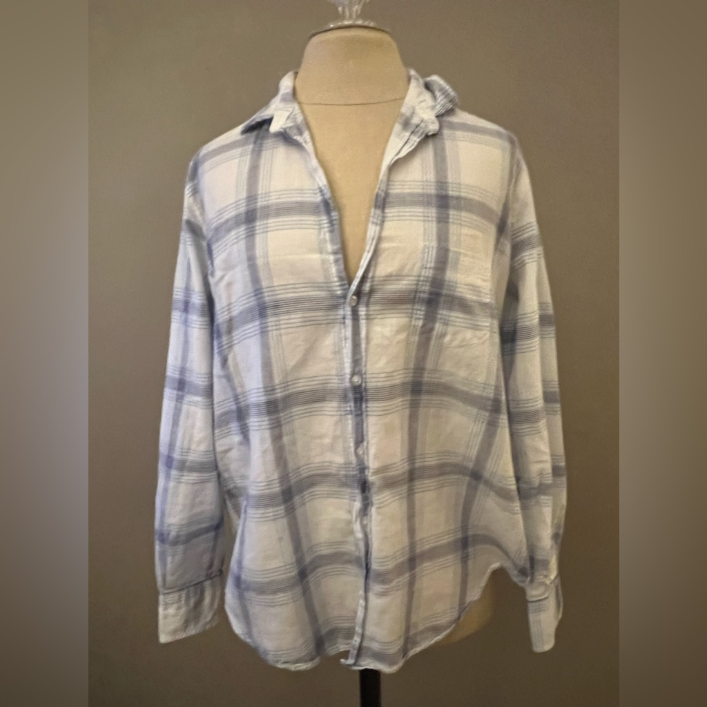 Frank And Eileen Shirt Womens Size M White & Blue Linen Button Up Made In Italy